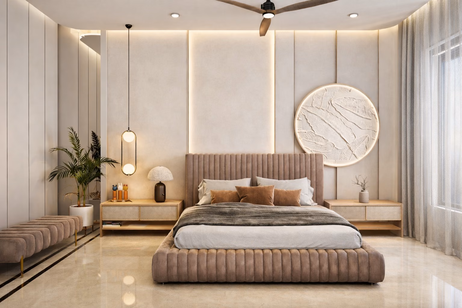 Contemporary master bedroom with upholstered headboard and layered lighting