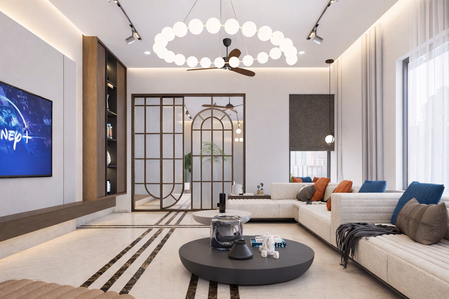 Contemporary family living room with a bespoke media wall by Forklyft Studio
